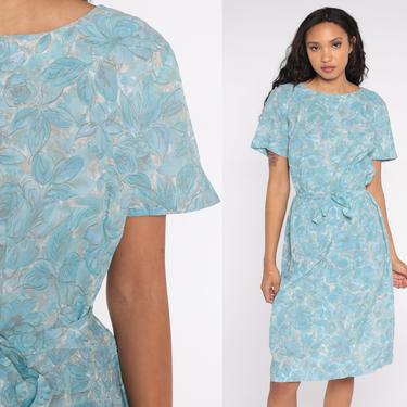 Blue Floral Dress 60s Midi Blue Hippie Shift Vintage 1960s Sixties Day Dress Crepe Dress Short Sleeve Belted Large 