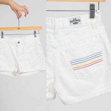 90s Rainbow Striped Lee Jean Shorts - Girl's Size 8-10 | Vintage White Retro Denim Shorts 