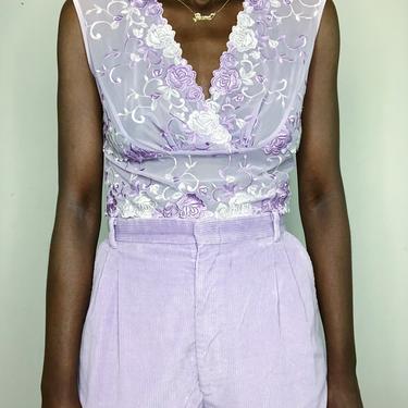 Vintage 90s/Y2K Lilac Pastel Lace Mesh Stretch Blouse