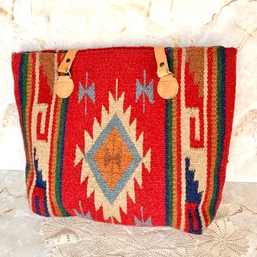 Large Size Carpet Bag, Native American Design, Vivid Colors, Vintage Shoulder Purse, Southwest, Ethnic, Leather Trim, World Tribal 