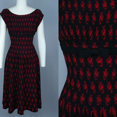 1950s Black &amp; Red Knit Dress | Vintage 50s Sleeveless Dress with Gored Waist | medium 