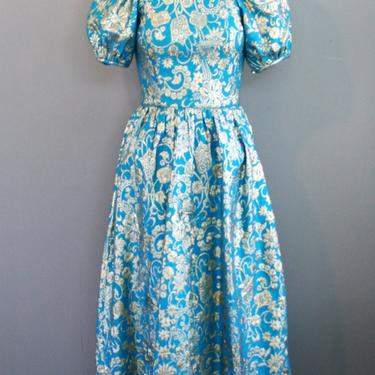 1960-70s Blue and Gold Lame Evening Gown- Cocktail Dress- Floral- Puff Sleeve- Size 0/2 