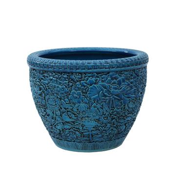 Chinese Ceramic Blossom Flowers Relief Motif Bright Blue Color Pot Planter cs4729E 
