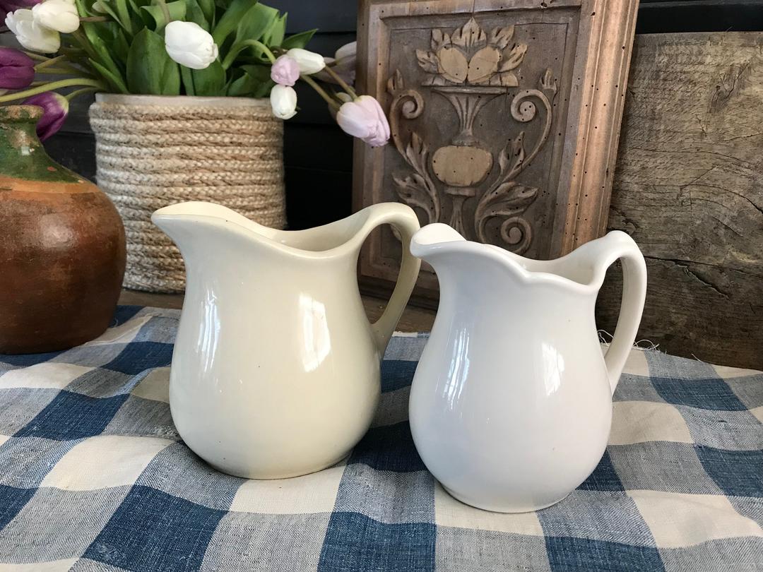 Antique White Pitcher Milk Jug Ironstone With Handle Farmhouse Cottage Chic  Vintage Kitchen Table Decor White Vase 