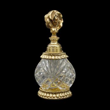 Glass &#038; Brass Ornate Perfume Bottle with Rose Top