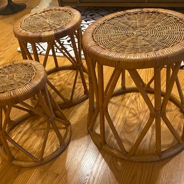 Set of Nesting Vintage Bamboo and Rattan Round Stools or Side Tables 