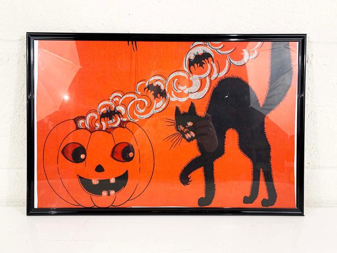 1920's Dennison Halloween cheapest party cut-out scared black cat on fence post full moon decoration for ices, cakes , sandwiches w/ fortune on back