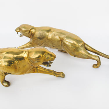 2 Available - Vintage Solid Art Deco European Fierce Brass Wild Cat Statues 