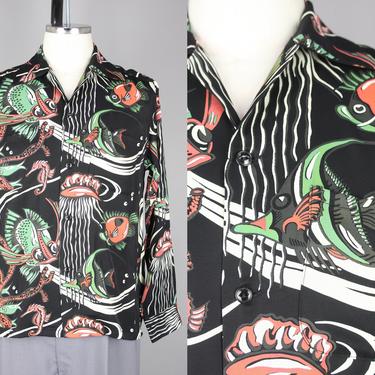 Groovin High · 1950s Style Tropical Shirt with Seahorses &amp; Fish Print · Vintage 40s 50s Inspired Black Rayon Long Sleeved Shirt · Medium 