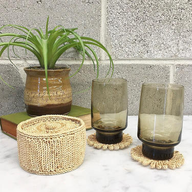 Vintage Coaster Set Retro 1970s Woven + Rattan + Natural Wicker + Set of 8 Coasters + With Holder + Bohemian + Home and Kitchen Decor 