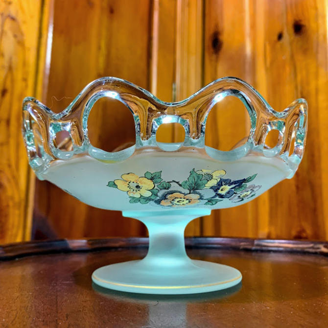 Vintage Satin Light Green Glass Pedestal Compote Candy Dish Hand Over