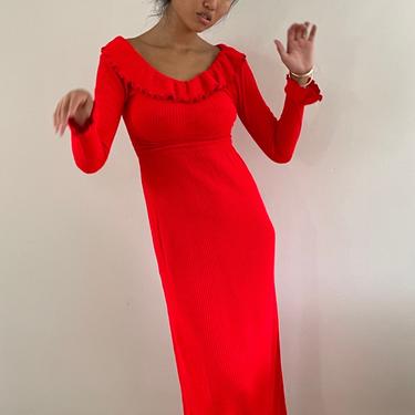 60s knit sweater dress / vintage neon red ruffle collar ribbed knit snug maxi sweater dress | XS S 
