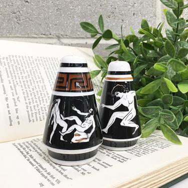 Vintage Salt and Pepper Shakers Retro 1960s Mid Century Modern + Hand Painted + Greek Motif + MCM + Spice Storage + Home and Kitchen Decor 