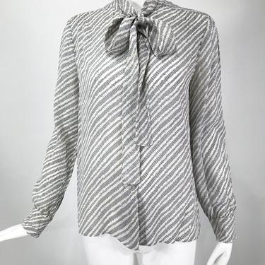 Chanel Creations Pale Grey &amp; Off White Silk Print Bow Tie Blouse 1970s