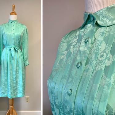 Vintage 1980s Mint Silk Floral Dress | Size Small 