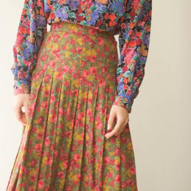 1990s Laura Ashley Floral Wool Crepe Pleated Skirt 