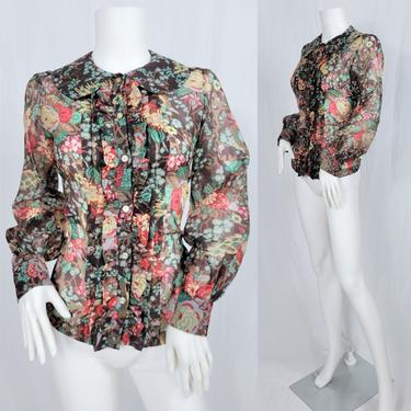 1970's Brown Floral Ruffle Front Semi sheer Blouse I Top I Shirt I Sz Med I Copperfield 