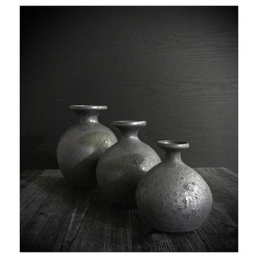 SHIPS NOW- set of 3 stoneware round ceramic vases glazed in dark graphite matte with subtle cratering by Sara Paloma Pottery 