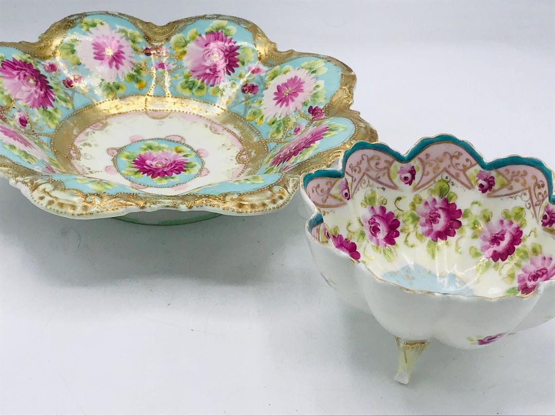 Spectacular Antique Hand Painted Nippon Gold hot Outlined Colorful Floral Fruit or Centerpiece Bowl