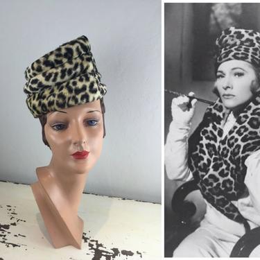 The Seduction Would Commence - Vintage 1950s 1960s Slanted Faux Leopard Toque Hat Stove Top Hat 