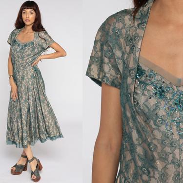 50s Lace Dress Lace Party Dress Beaded Formal Dress Teal Blue-Green Mad Men 1950s Cocktail Dress Short Sleeve Vintage Tea Length Medium 10 