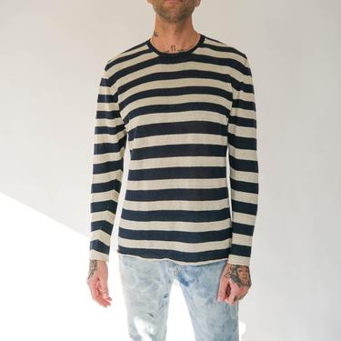 Vintage Roberto Collina Navy Blue &amp; Natural Horizontal Stripe Linen Crewneck Sweater Shirt | Made in Italy | 100% Linen | Designer Shirt 