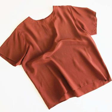 Vintage Brown Rust  Silk Shirt - 90s Short Sleeve Silk Top - Fall Earth Tone Minimalist Short Sleeve Silk Blouse - Solid Color 