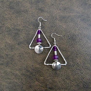 Hammered silver earrings, geometric purple sea glass earrings, boho bohemian earrings, chic contemporary earrings, modern brutalist earrings 