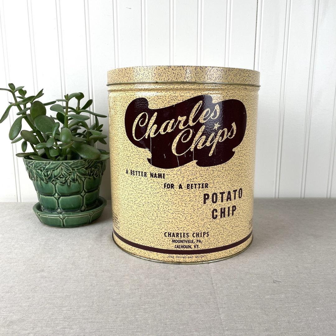 Vintage Charles Chips Tin Container, Collectible Tin Old Tin Chip