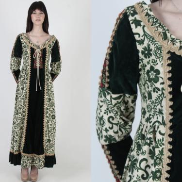 Black Label Gunne Sax Jute Maxi Dress / Floral Embroidered Renaissance Fair Dress / Lace Up Corset RicRac Trim 