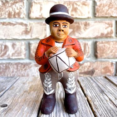 VINTAGE: 6.75" - Authentic PERUVIAN Handmade Clay Pottery - Man Playing Instrument - SKU 35-C-00034178 