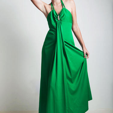 vintage 70s green hostess halter maxi dress empire rhinestone SMALL S 