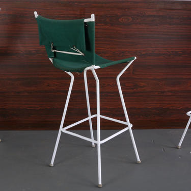 Set of Four ( 4 ) Stunning Sling Canvas Bar Stools with Contrasting White Metal Frames 