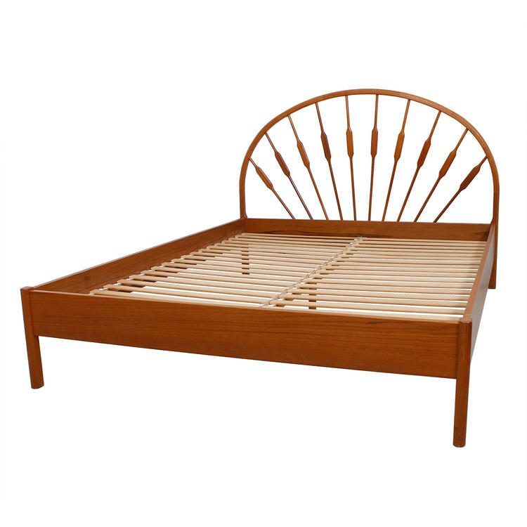 Danish Modern Teak Spindle Queen Bed Frame w/ Peacock Headboard
