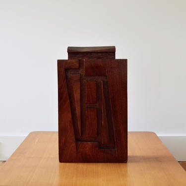 Vintage Handcarved Textured Geometric Solid Walnut Sculpture  | Minimalist Modernist Mid Century Art 