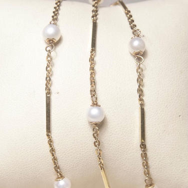 Vintage 14K Gold Bar Cultured Pearl Station Necklace, Yellow Gold & White Pearl, 1mm Cable Chain, 5mm Pearls, 585 Jewelry, 23” Long 