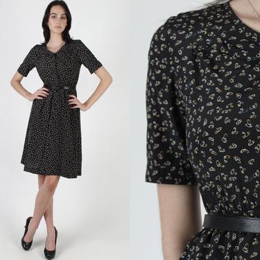 Vintage 80s Abstract Safety Pin Dot Dress Black Pockets Secretary Party Mini Dress 