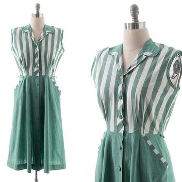 Vintage 1950s Shirt Dress | 50s Green Striped Cotton Chambray Color Block Fit and Flare Midi Shirtwaist Day Dress with Pockets (medium) 