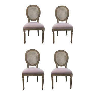 Transitional French Style Cane Back Dining Chairs With Lavender Fabric Set of Four
