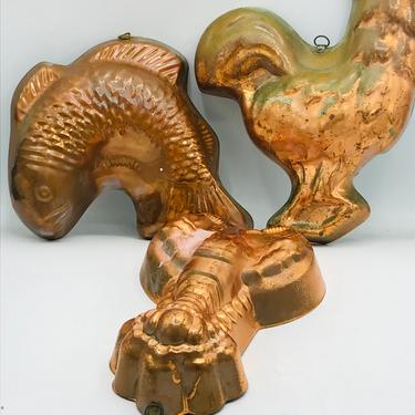 Vintage Set of 3  Fish Lobster Chicken Shaped Copper Jello Molds- Loop for hanging  10&quot; 