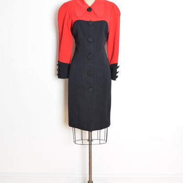vintage 80s secretary dress red black wool color block geometric mod peter pan M clothing 