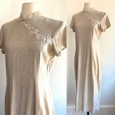 Vintage 80's Minimalist CHEONGSAM Dress / Linen + Rayon / Soutache Embroidery / M-L 