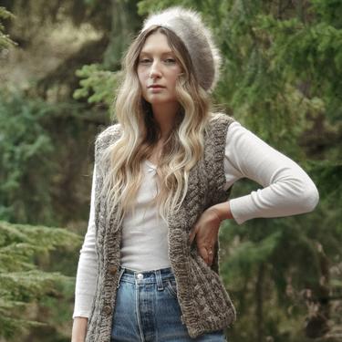 70s Vintage Cardigan Sweater Vest |  Marled Gray Cable Knit Wool Vest | | Boho Chunky Wool Vest | Rustic Wooden Button Waistcoat 