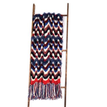 Red White &amp; Blue Hand Knit Blanket Throw, Large Afghan with Fringe Knitted Home Decor, 4th of July Patriotic Americana, Unique Handmade Gift 