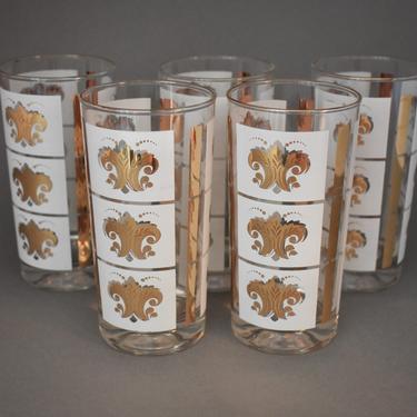 Swanky Vintage Drinking Glasses | Glass Highball Set of 5 | White + Gold Acanthus Fleur de Lis Pattern | 18k Gold | MCM Barware Tom Collins 
