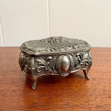 Antique Silver Clad Small Footed Jewelry Trinket Box, Raised Patterns &amp; Roses with Red Velvet 