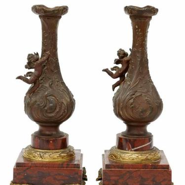 19th Century French Patinated Bronze and Rouge Griotte Marble Vase Garnitures Pair 