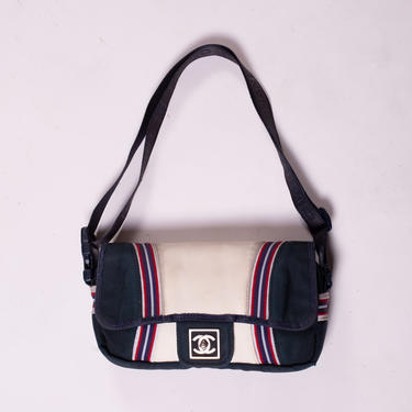 RARE Vintage CHANEL 1990s Blue &amp; White Fabric Sport Line Flap Shoulder Bag with Adjustable Strap CC Logo Belt Bag Fanny Pack Crossbody 