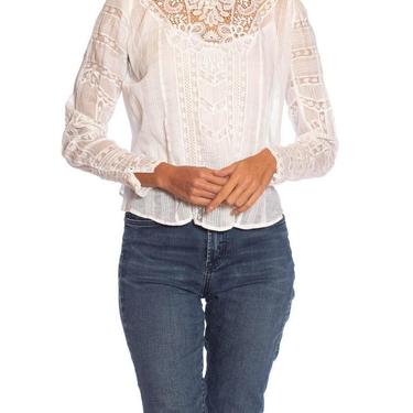Victorian White Organic Cotton Voile &amp; Floral Lace Swan Neck Blouse With Irish Crochet Styled Details 