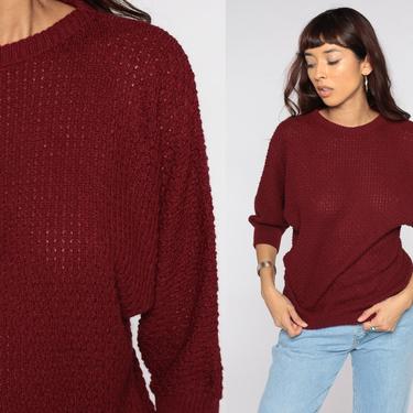 80s Dolman Sweater Burgundy Sweater Sheer Knit Sweater Slouchy Pullover Jumper 1980s Vintage Retro Textured Small S 
